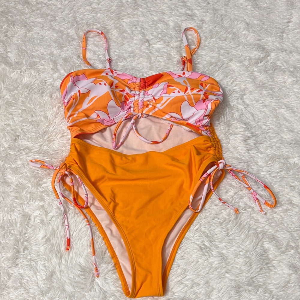 NWOT From Amazon Ruched Tie Sides Cut Out One Piece Swimsuit Orange Size M